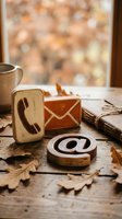Wooden communication icons phone email at symbol on rustic table with autumn leaves and coffee mug creating cozy contact concept for business marketing.