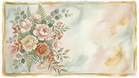 Vintage floral arrangement with roses, peonies, and ferns in soft peachy and blush tones on aged watercolor background with gold border frame.