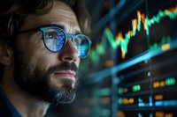 Bearded Caucasian male trader analyzing financial market data reflected in glasses while watching dynamic stock charts and digital indicators.