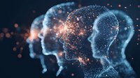 Glowing digital human profiles with network connections and particles on dark background illustrate artificial intelligence and neural networks in technology.