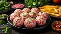 Raw meatballs with herbs and spices on black plate, fresh minced meat seasoned with parsley, served with sauces and french fries, dark background.