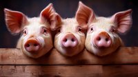 Three curious pink piglets peeking over wooden fence with alert ears and bright snouts, creating humorous and endearing farm animal portrait on dark background.