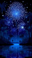 Blue fireworks illuminate night sky over tropical palm silhouettes with water reflection creating magical holiday atmosphere.