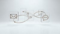 Wooden blocks with communication icons connected by curved lines showing email phone and chat symbols for business contact concepts.