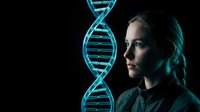 Young Caucasian female scientist in profile with glowing blue DNA double helix structure on dark background for genetic research and biotechnology concepts.