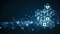 Digital healthcare technology network with medical icons and connected data points on blue background for telemedicine and health innovation concepts.