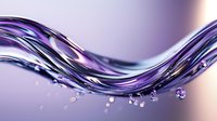 Dynamic purple liquid wave with water drops and splashes flowing in smooth motion against soft gradient background, macro photography style composition.
