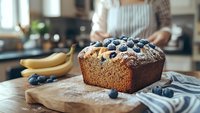 Fresh baked banana bread topped with powdered sugar and blueberries on wooden cutting board, with bananas and kitchen background, selective focus.