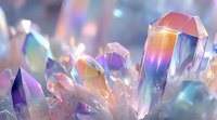 Colorful crystal quartz cluster with iridescent rainbow reflections and prismatic light effects, showcasing natural mineral formation in macro view.