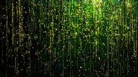 Abstract digital rain of green and gold particles cascading against black background, creating futuristic matrix-like pattern for technology concepts.