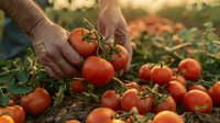 Fresh ripe red tomatoes on vine being harvested by farmer hands in organic garden during golden sunset light. Natural farming and agriculture concept.