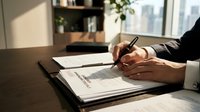 Professional businessman signing important business contract documents at modern office desk with city skyline view through window.
