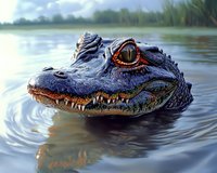 Close-up view of an alligator head emerging from calm water, showing detailed scales, sharp teeth, and distinctive amber eye with natural habitat background.