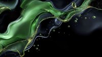 Abstract green and gold flowing liquid waves with bubbles on black background for luxury design projects and modern digital art compositions.