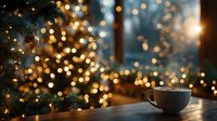 Cozy winter evening with steaming coffee cup on wooden table near decorated Christmas tree with warm golden lights creating magical bokeh atmosphere.