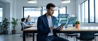Professional businessman using digital tablet with holographic interface displaying data analytics in modern office workspace.