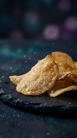 Golden crispy potato chips with sea salt crystals on dark slate board against colorful bokeh background for snack food advertising and packaging design.