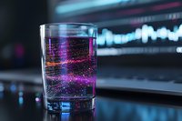 Glowing neon drink with sparkling bubbles in glass against blurred trading chart background, combining finance and nightlife atmosphere in modern setting.