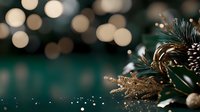 Festive winter composition with golden star ornament on pine branch against blurred bokeh lights background, creating magical holiday atmosphere.