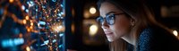 Young Caucasian businesswoman in glasses working late at office computer with glowing holiday lights decoration creating cozy atmosphere at night.