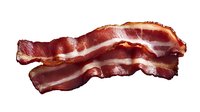 Crispy cooked bacon strips isolated on white background. Fresh pork belly meat for breakfast, cooking and culinary projects.