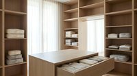 Modern walk-in closet with wooden shelving, white island and organized storage for luxury home interior design and organization solutions.