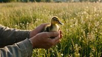 Young duckling held in weathered hands of farmer against blurred grain field background. Agricultural wildlife care and farming concept for rural lifestyle and poultry management imagery.