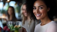 Young African American woman with curly hair smiling brightly while holding fresh smoothie at cafe gathering with friends, expressing joy and wellness lifestyle.