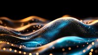 Abstract digital wave with glowing particles and flowing motion in blue and gold colors on black background for technology and data visualization projects.