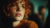 Young woman with curly red hair and freckles in warm lighting wearing cozy knit sweater with contemplative expression and soft bokeh background.