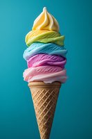 Colorful rainbow ice cream scoops stacked high in waffle cone against turquoise background, featuring pastel yellow, green, blue, pink and cream flavors topped with soft serve.