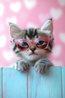 Adorable kitten wearing pink glasses peeks over turquoise wooden fence against pink background with heart bokeh pattern, paws visible on fence top.