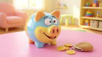 Colorful cartoon piggy bank with smiling face and coins on pink surface in bright children's room for savings education and financial literacy concepts.