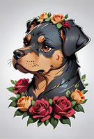 Rottweiler dog portrait with red and peach roses floral arrangement on gray background. Artistic style illustration for prints and merchandise designs.