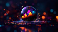 Glowing geometric mountains enclosed in glass sphere with neon lights and bokeh effects on dark background, creating futuristic cyberpunk atmosphere.