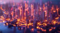 Modern cityscape with illuminated skyscrapers at night, glowing orange and purple lights creating dreamy bokeh effect, urban architecture in soft focus for business backgrounds.