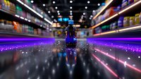 Dark glass bottle on reflective surface with blurred store shelves and neon lights creating dramatic perspective and bokeh effect for product photography.