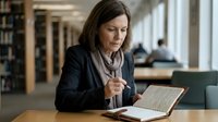Middle-aged Caucasian businesswoman in dark blazer taking notes while reading documents at library table, focused on paperwork and research tasks.