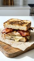 Grilled cheese sandwich with crispy bacon and melted cheese on toasted bread served on wooden cutting board in modern kitchen for comfort food dining.
