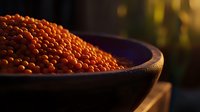 Raw red lentils in rustic ceramic bowl with dramatic side lighting and bokeh background, close up view of healthy legumes for cooking and nutrition.