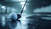 Golf ball and club head in dramatic lighting on wet surface with water droplets and bokeh effect in cool blue tones, creating moody sports atmosphere.