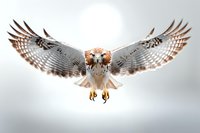 Majestic barn owl in flight with wings fully spread against soft gray background, displaying detailed feather patterns and hunting posture in dramatic lighting.