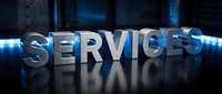 Metallic SERVICES text with blue lighting effects on dark reflective surface for business presentations and corporate branding materials.