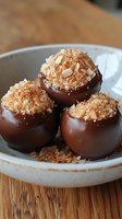 Dark chocolate truffles topped with crushed nuts and coconut flakes served in ceramic bowl on wooden surface, close-up view of gourmet confectionery.