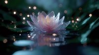 Pink water lily floating on dark pond surface with magical bokeh lights creating dreamy atmosphere. Reflection in calm water adds depth and serenity.
