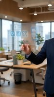 Businessman touching digital interface with financial icons in modern office workspace for business technology and digital transformation concepts.