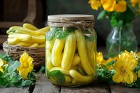 Homemade pickled yellow banana peppers in glass jar with fresh herbs and spices on rustic wooden table, surrounded by yellow flowers and fresh produce.