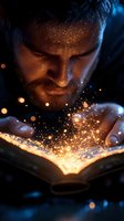 Young man reading glowing book with magical sparkles and light particles emerging from pages in dark atmospheric setting, creating mystical illumination on face.