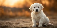 Adorable golden retriever puppy sitting on dirt path during warm sunset with soft bokeh background for pet care and animal lover content.