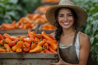 Young Hispanic female farmer in straw hat smiling while holding wooden crate full of fresh harvested orange and yellow bell peppers in organic garden setting.